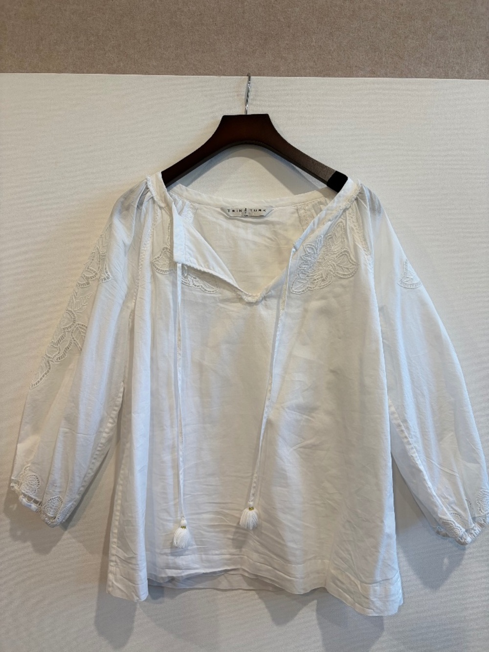 Trina Turk White Embroidered Cotton Tassel Tunic Blouse XSmall